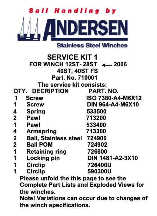Andersen Winch Service Kit 1 - 12ST, 28ST*, 40ST*