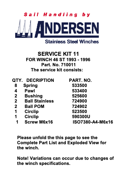 Andersen Winch Service Kit 11 - 46ST (1993-1996)