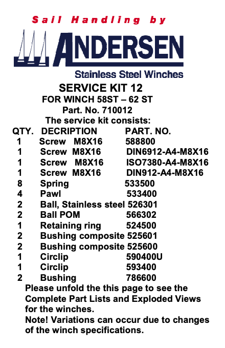 Andersen Winch Service Kit 12 - 58ST-62ST