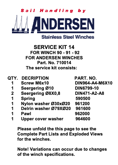 Andersen Winch Service Kit 14 - 90, 91, 92
