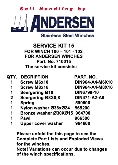 Andersen Winch Service Kit 15 - 100,101,102