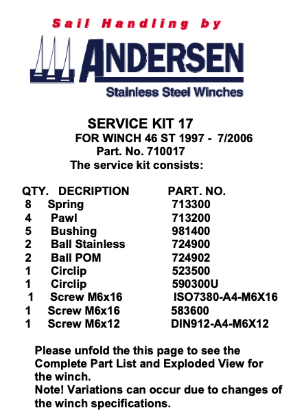 Andersen Winch Service Kit 17 - 46ST (<7/2006)