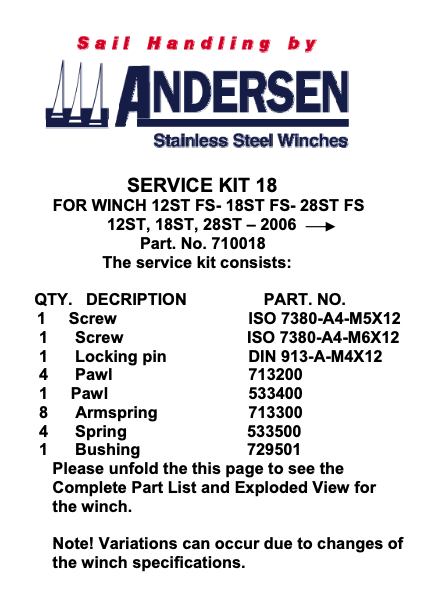 Andersen Winch Service Kit 18 - 12ST,18ST, 28ST*, 34ST, 40ST & 40ST FS*