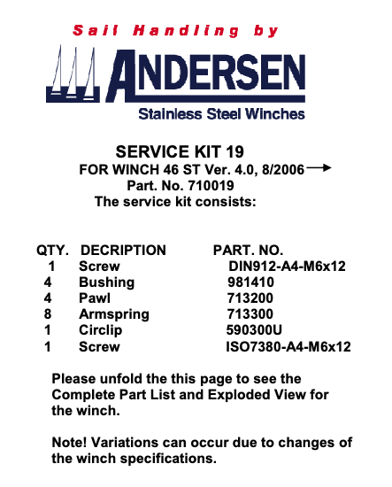 Andersen Winch Service Kit 19 - 46ST (>7/2006), 48ST, 50ST