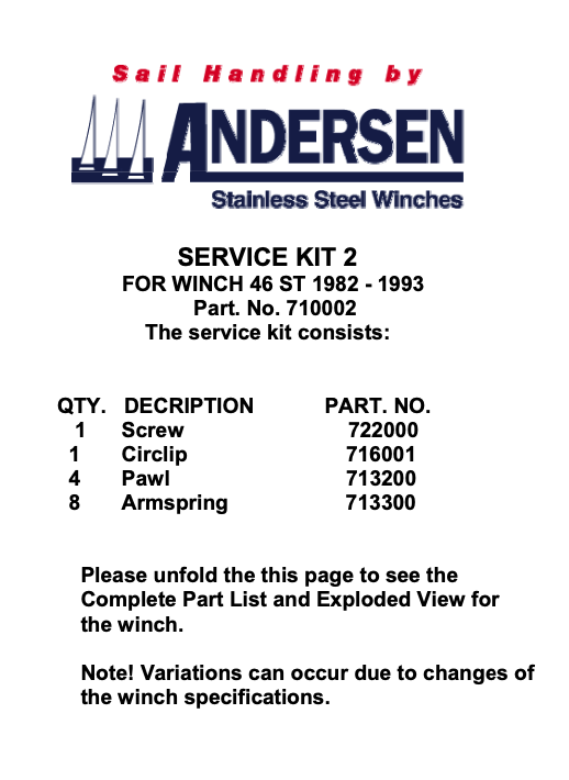 Andersen Winch Service Kit 2 - 46ST (1982 - 1993)