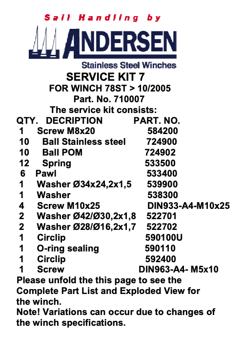 Andersen Winch Service Kit 7 - 78ST*