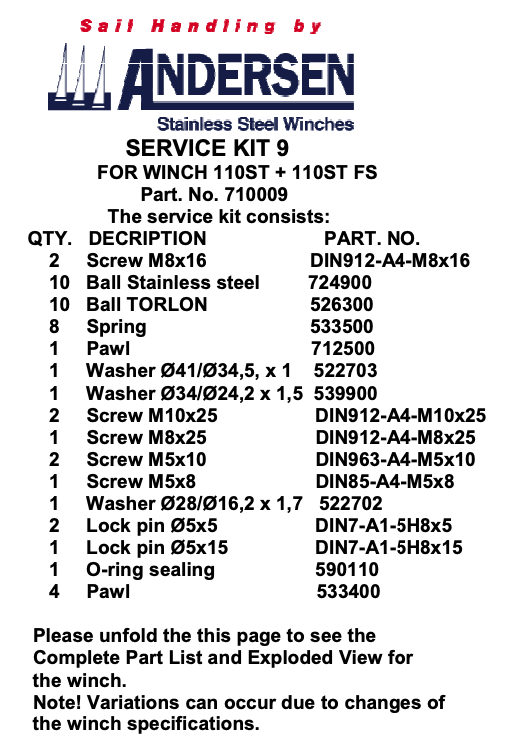 Andersen Winch Service Kit 9 - 110ST
