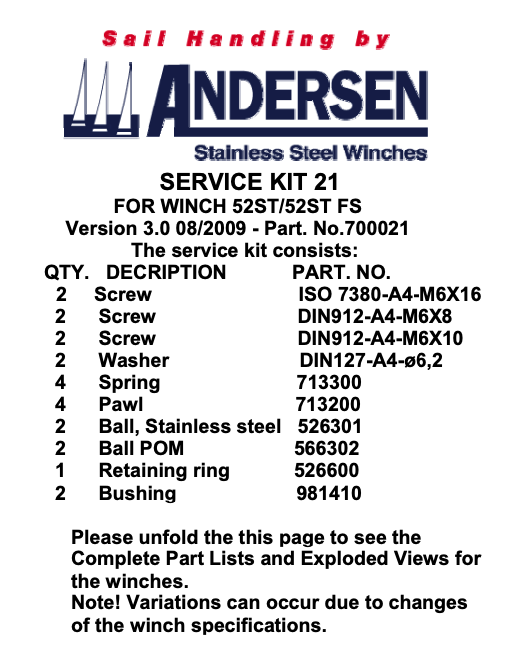 Andersen Service Kit - 52ST v.3 2009/later
