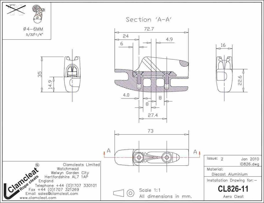 Clamcleat CL826-11/S2 Aero Base With CL211 MK2 Rope Cleat for 4-6mm Lines (copy)