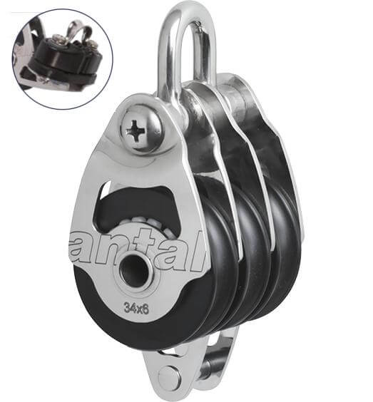 Antal SS Poulie triple Ø34 avec ringot, taquet coinceur et manille